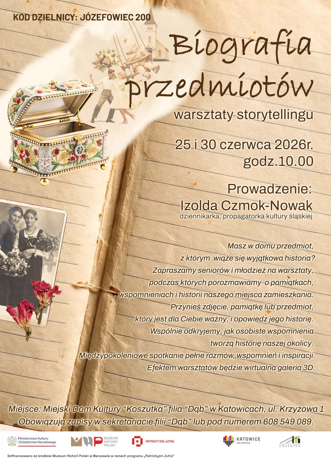 Plakat z grafiką w tle przedstawiającą stary otwarty zeszyt 