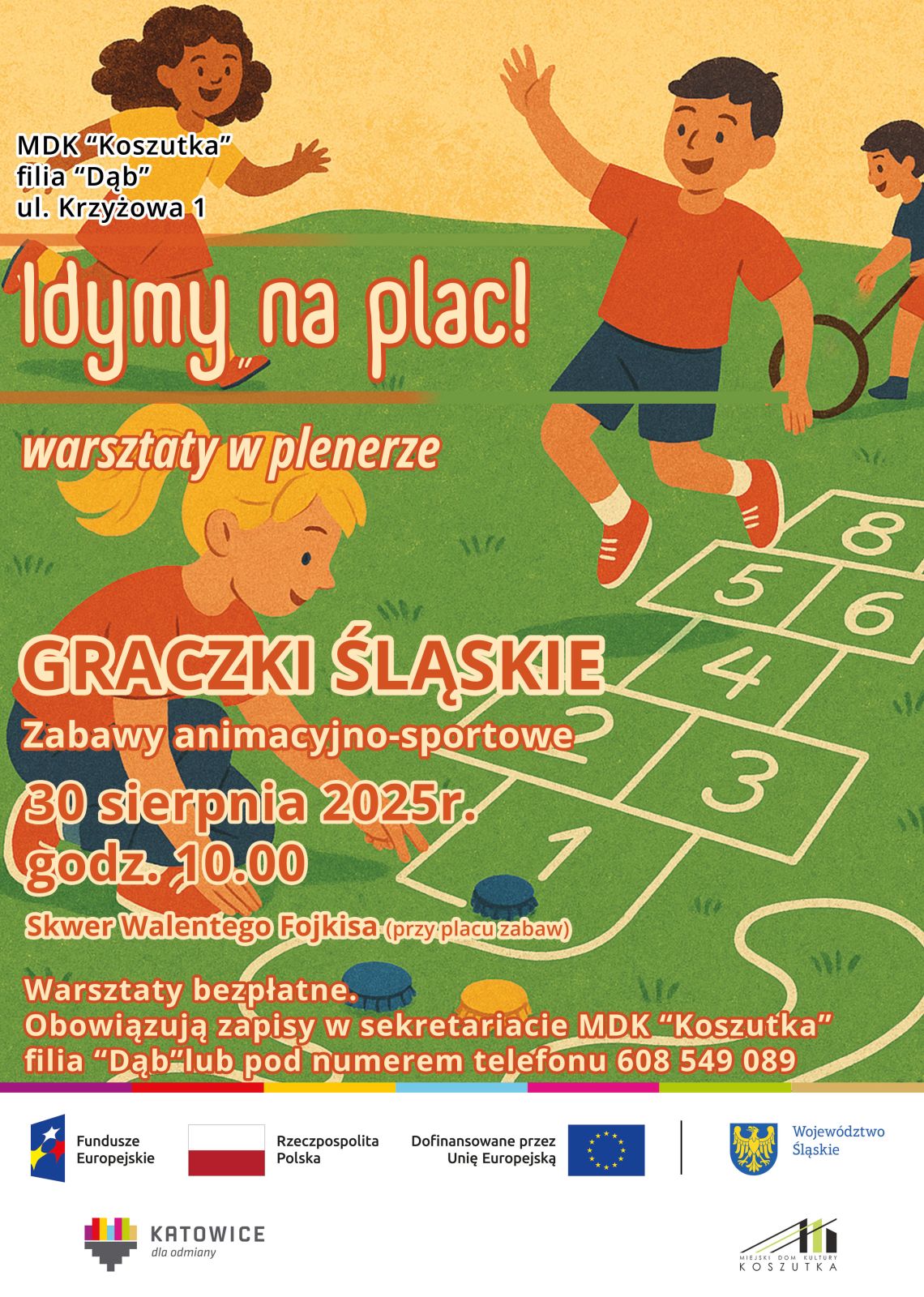 Plakat promujący wydarzenie "graczki śląskie" w tle retro rysunek przedstawiający dzieci bawiące się na dworze utrzymany w ciepłych kolorach