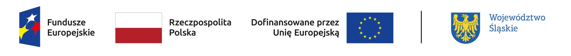 Pasek z logotypami unii europejskiej: logo funduszy europejskich - niebieski prostokąt z trzema gwiazdkami w kolorze białym, czerwonym i żółtym, flaga polski z napisem Rzeczpospolita Polska, napis dofinansowano przez unię europejską z flagą unii, pionowa czarna kreska, herb województwa śląskiego