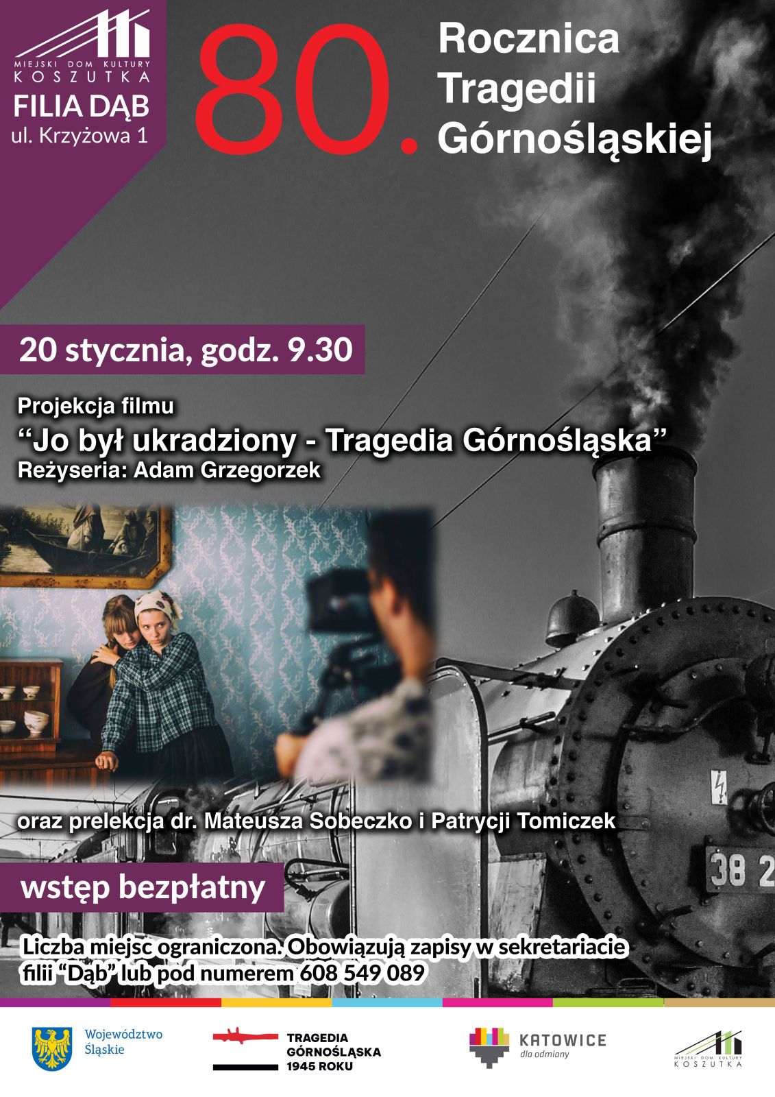 Plakat ukazujący scenę z filmu "Jo był ukradziony" na tle czarno-białego zdjęcia pociągu